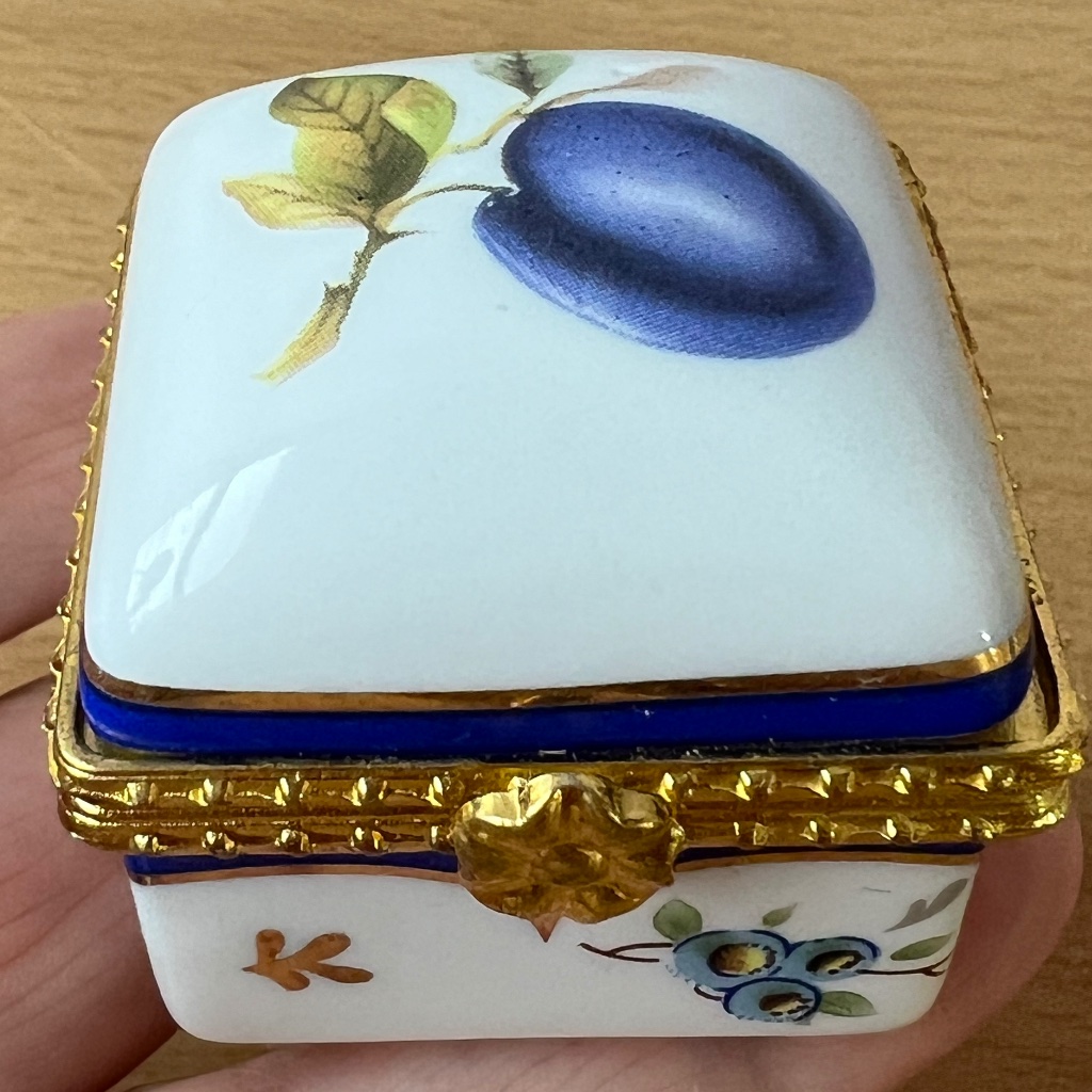 Vintage Plum Olives White Blue Gold Porcelain Pill Trinket Box Lisbon Portugal